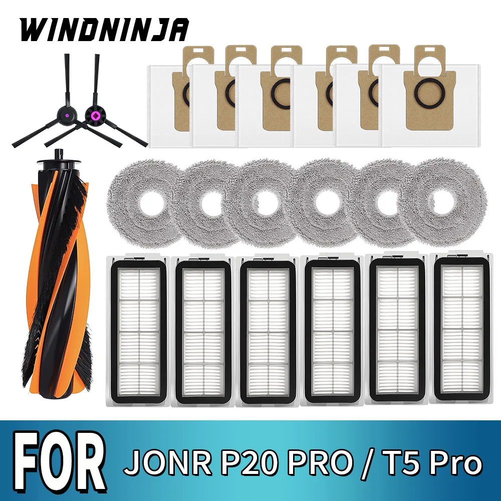 

Запасные части и аксессуары для робота-пылесоса JONR P20 PRO / T5 Pro: боковая и основная щетки, HEPA-фильтр, салфетка для влажной уборки, мешок для сбора пыли.