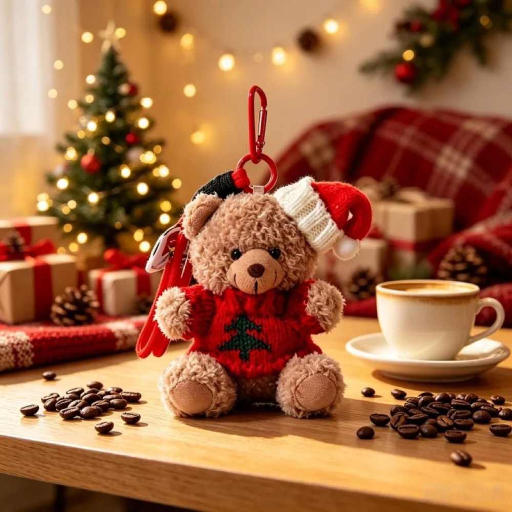 Soft Christmas Bear Pendant Red Christmas Hat Bear Christmas Doll Keychain Stuffed Animal PP Cotton Christmas Tree Pendant Girls