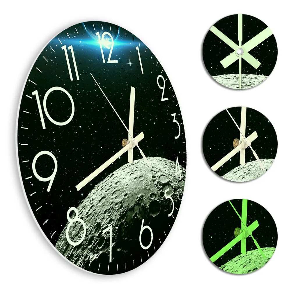 Earth And Moon Planet Luminous Wall Clock For Bedroom Astronomy Home Decor Universal Lunar Surface Glow In The Dark Wall Clock