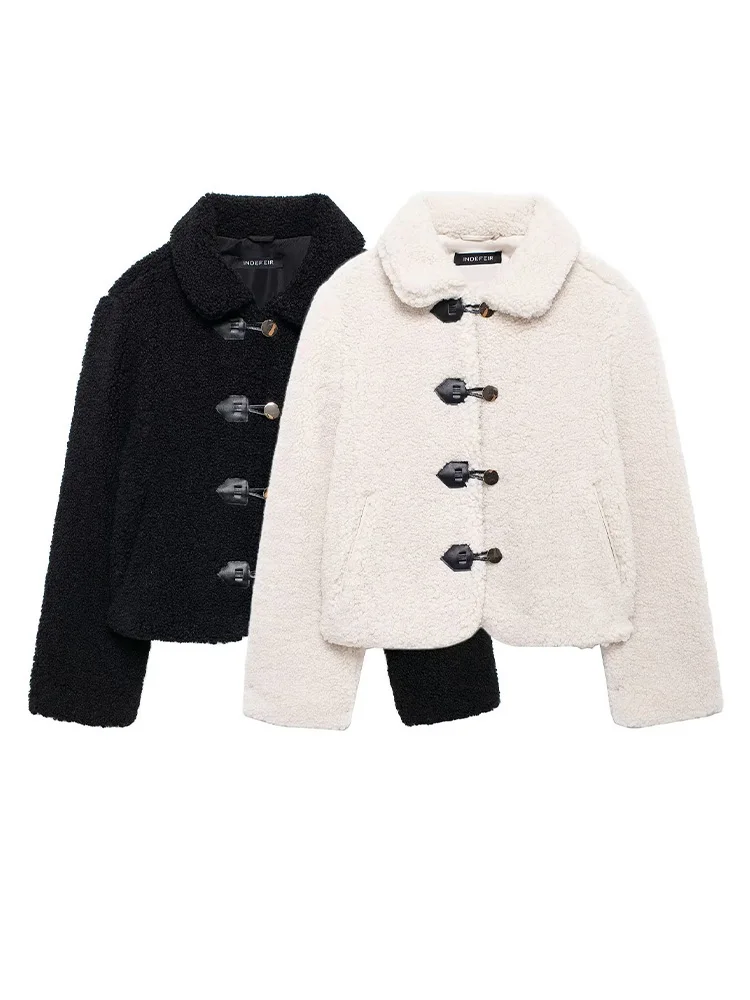 

HH 2024 Winter Women's HighStreet Short Plush Jacket Women's Retro Solid Color Horn Button Decorated Lapel LongSleeve Jacket