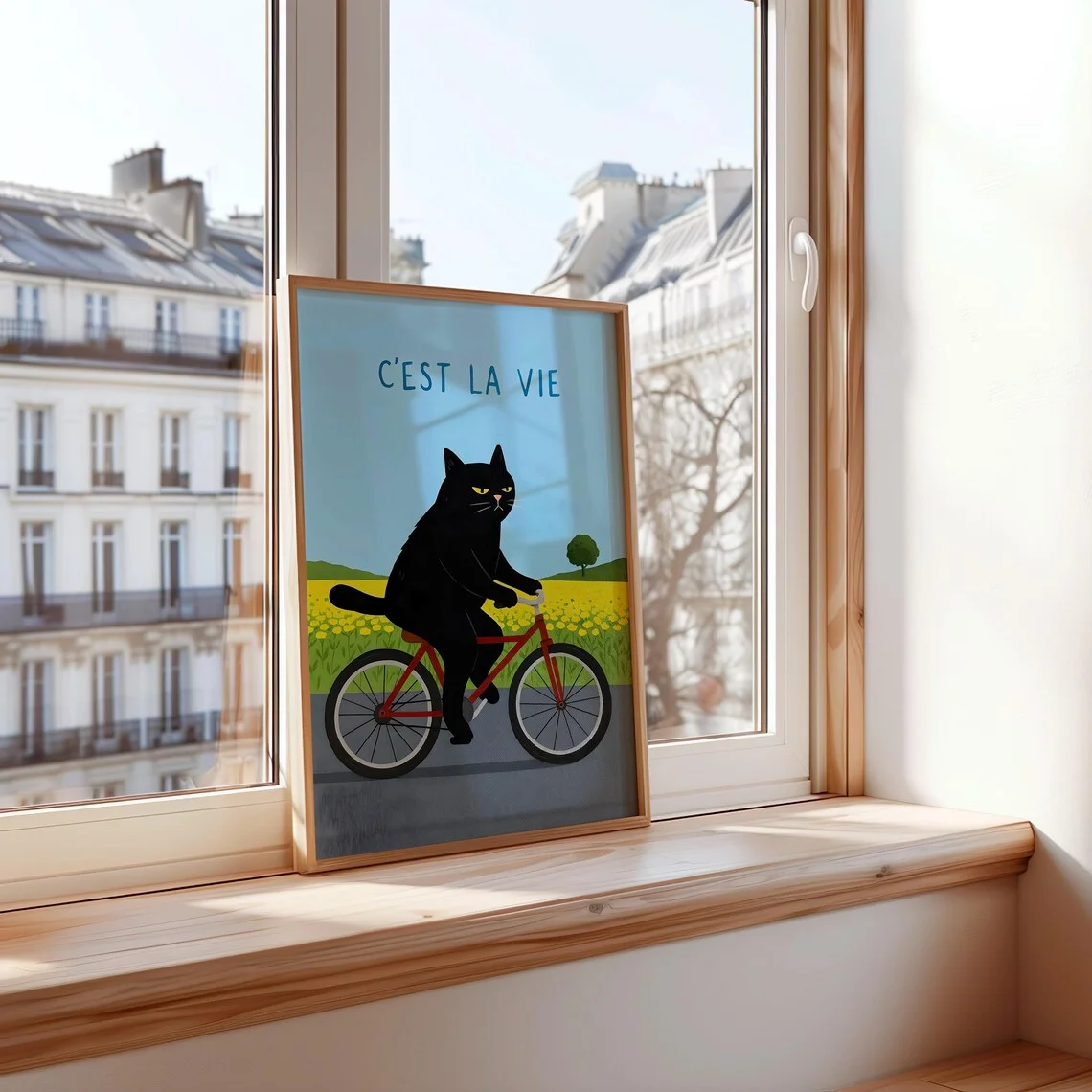 Cozy French Cat Adventure Wall Art - Whimsical Pop Art Print Capturing the Essence of "C'est La Vie" with a Cool Cat on a Bike R image 3