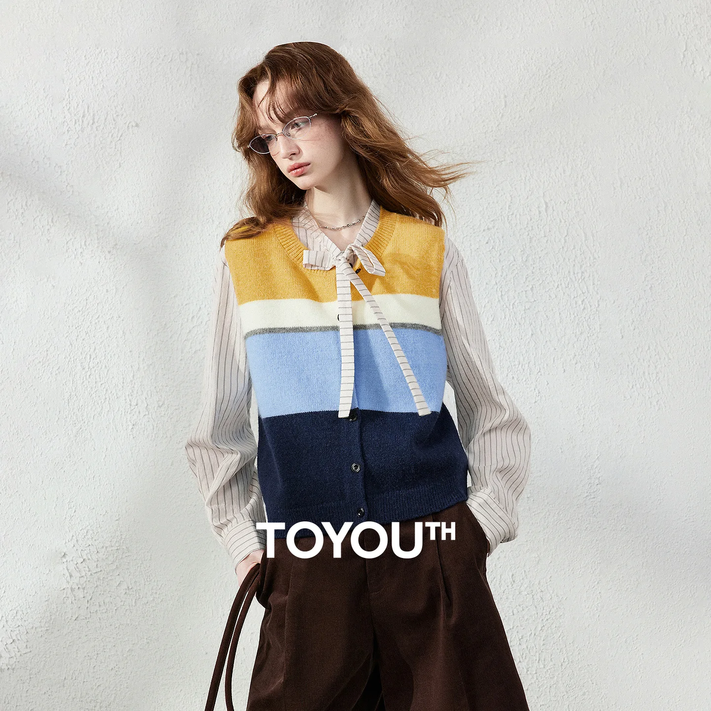 TOYOUTH Womens Knit Vest 2026 Autumn New Color Block Stripe Fitted Cropped Round Neck Cardigan Outer Top