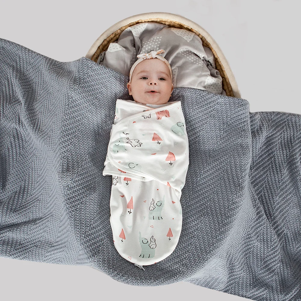 Sac de Couchage pour Bébé, 100% Coton, Doux, Réglable, Rond, Vêtements de Nuit Minces, Couche Imprimée Éléphant, Couverture d\'Emmaillotage