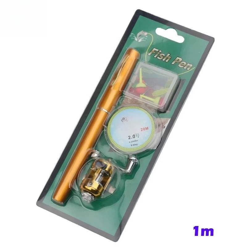 ポータブルペン型釣り竿キット-1m-折りたたみ式で21cmに縮小可能-a-pタイプ-メタルリール＆完全なアクセサリー付き