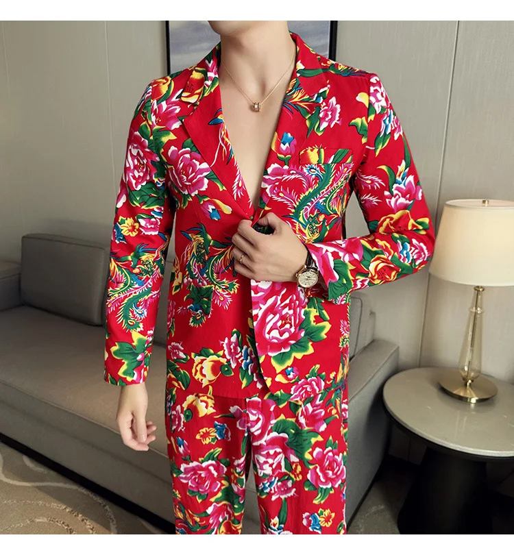 Dyeing Printing Large Flower Ethnic Suit Set Male Singer Stage Performance Costume Festival Activity Dance Performance Apparel