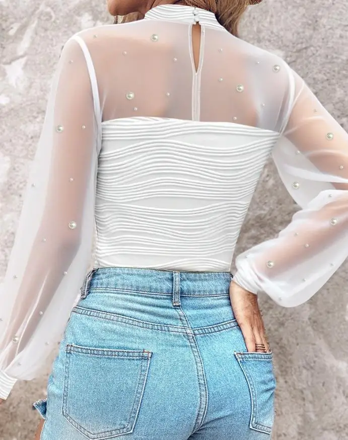 المرأة مثير تي شيرت اللؤلؤ ديكور عالية الرقبة فانوس كم بقماش شفاف تقسم المحملة امرأة موضة سليم محكم #2