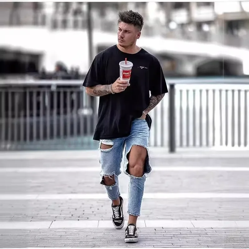 

American Fashion Men’s High Street Hole Patched Jeans Pencil Pants Casual Trendy Skinny Washed Light Blue Solid Denim Trousers