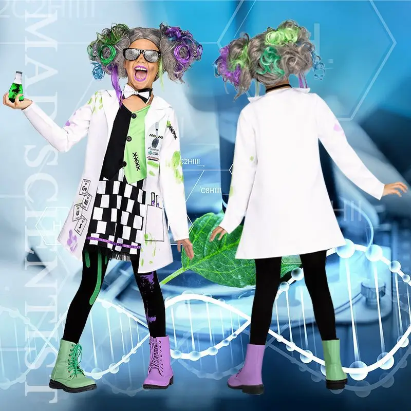 Boys Girls The Crazy Scientist Costumes Kids Halloween Cosplay Costume Party Role Play Dress Up Jacket Dresses Wig Outfit Suit