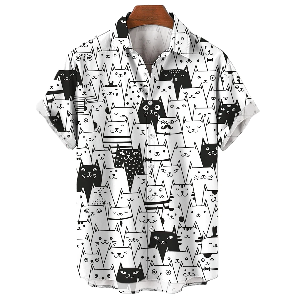 Men\'s Hawaiian Collar Shirt 3D Printing Short Sleeve Cute Cat Casual For Men Vintage Clothes Harajuku Floral Blouse