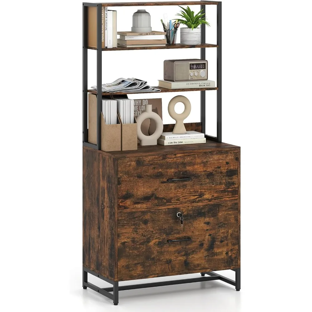 Lateral File Cabinet with 2 Drawers with Lock, 4-Tier Tall Storage Bookshelf, Steel Frame Large Bookcase