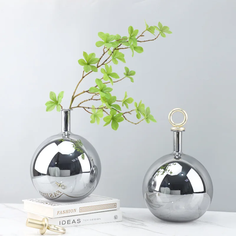 

Creative Electroplating Silver Ball Glass Vase Ornaments High-end Art Flower Arrangement Container Room Dining Table Floral Vase