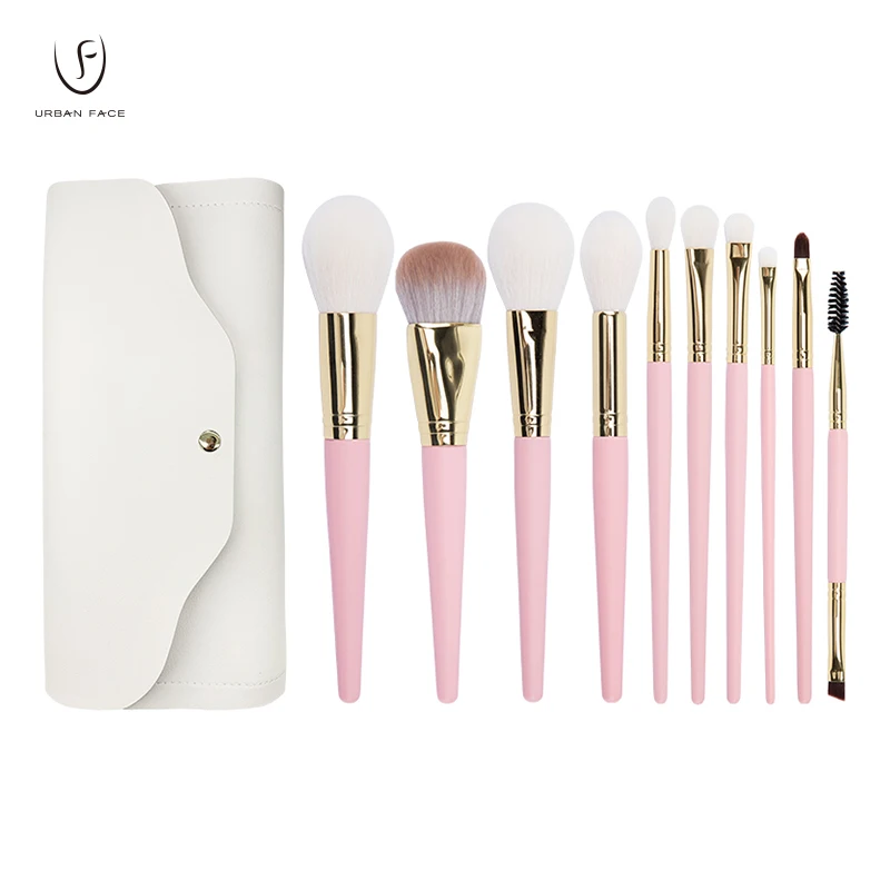 Pink Makeup Brush Set 10 Pieces with Make-Up Beauty Brush Bag Soft Real Goat Hair Wooden Handle Perfect for a Gift as Beginners