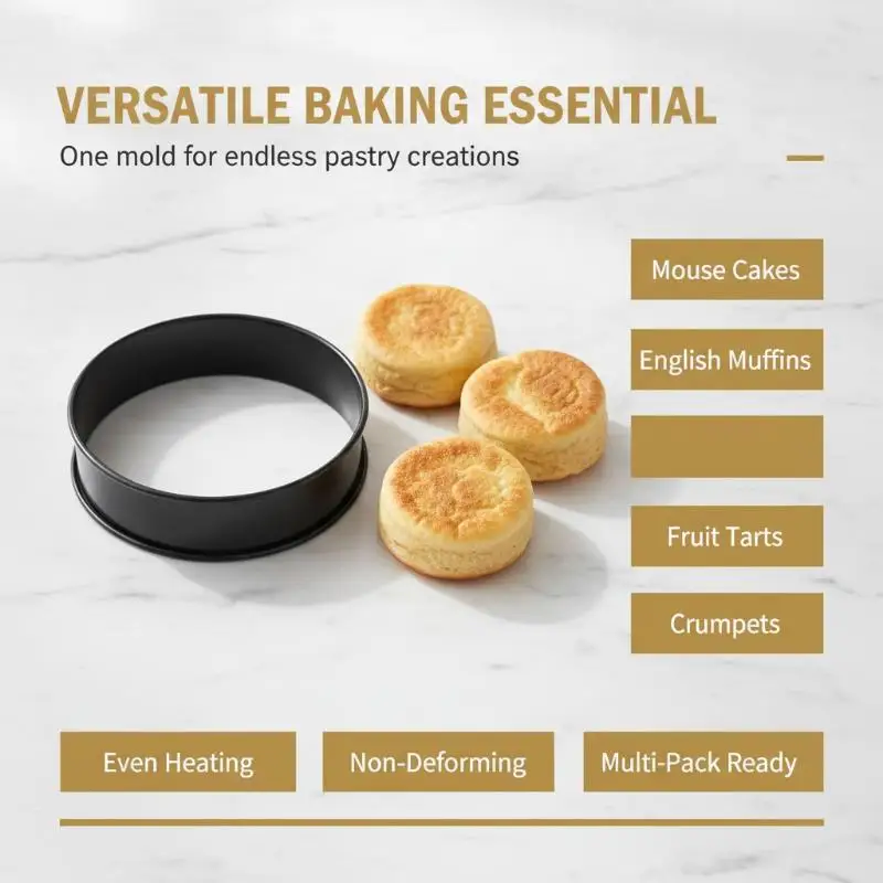 1/2/5PCS Tart Crumpet Muffin Ring Set Food-Grade Stainless Steel Double-Rolled Nonstick Black for Pancake Pastry Omelette Home