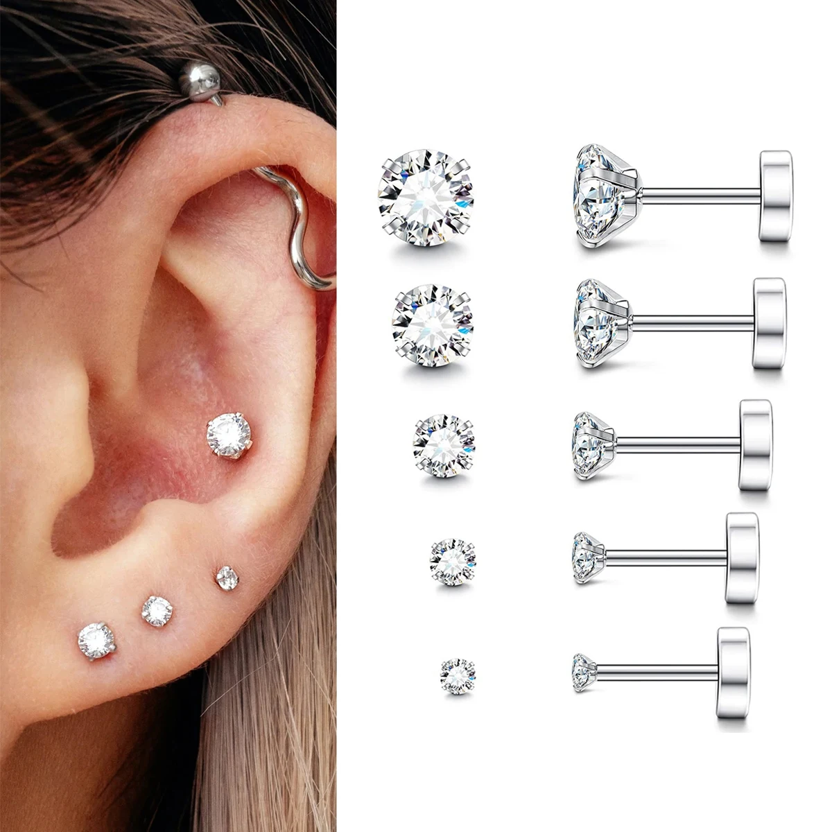 Brinco cz transparente com rosca interna, brincos tragus de concha, piercing, decoração de joias para mulheres e homens