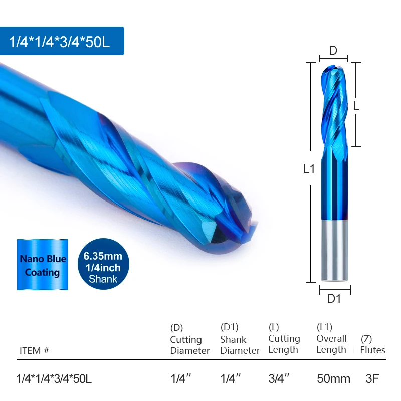 XCAN 1pc 3 Flute Ball Nose End Mill 1/4'' Shank Carbide Square Milling Cutter CNC Router Bit for Wood Cutting Tools Blue coated