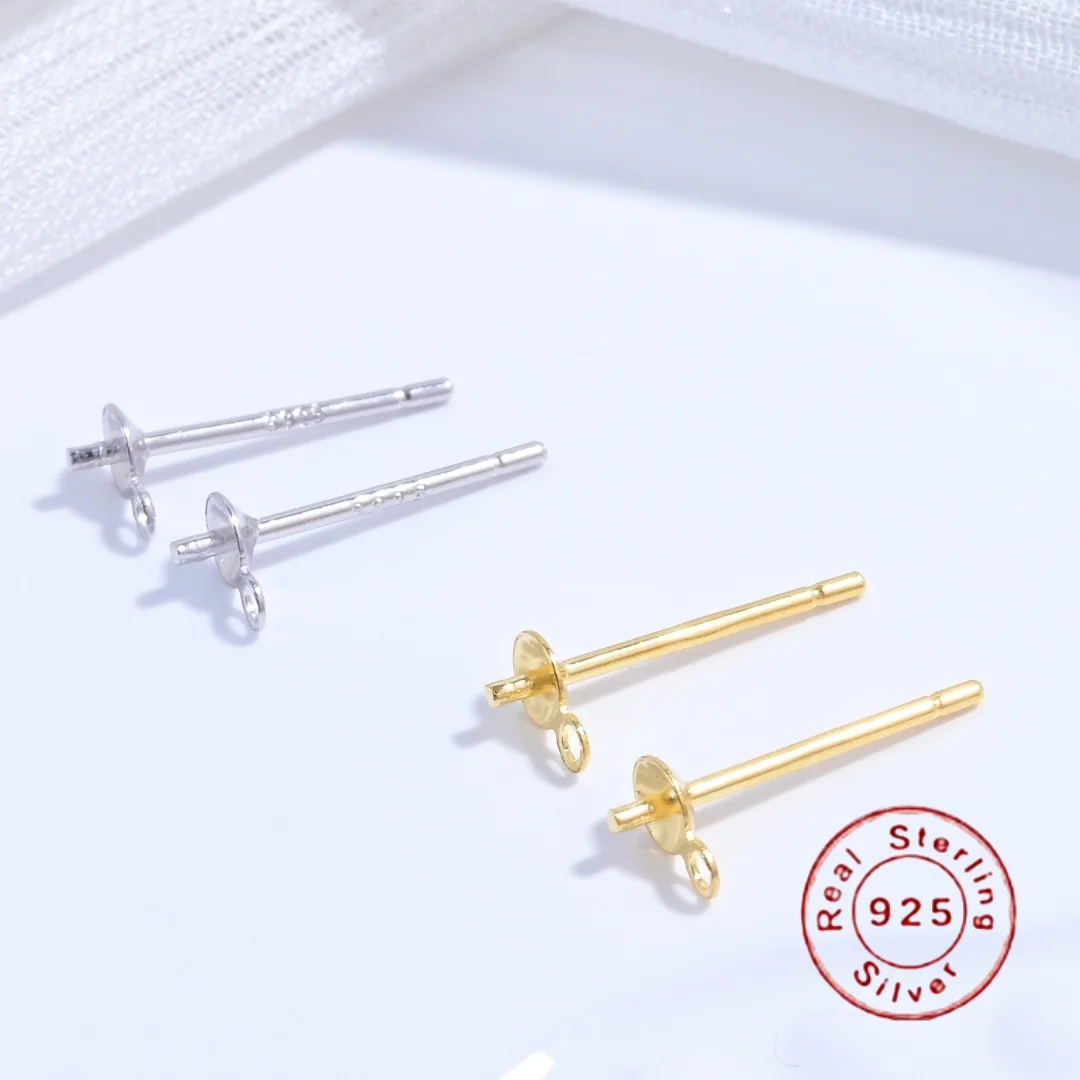 1Pair S925 Sterling Silver Earring Settings DIY Handmade Blank Earring Posts For Stickable Bead Pearl Ear Accessories SE76