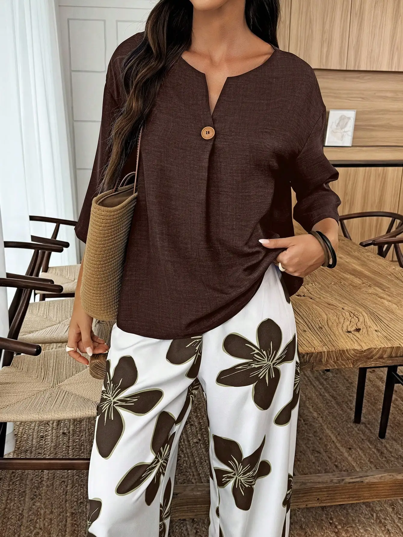 

Casual Boho Notch Collar Top And Floral Wide Leg Pants Set Brown