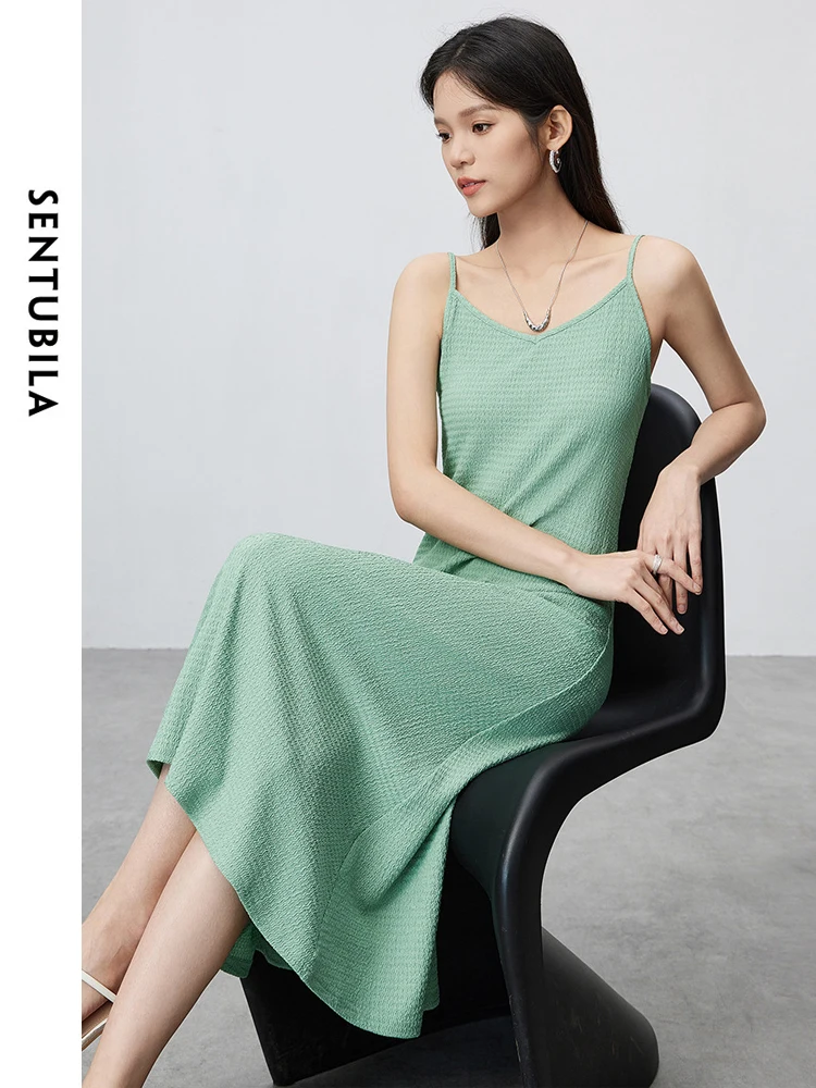 

SENTUBILA Texture Spaghetti Strap Midi Dress Women's Sundress 2024 Summer Lady Sexy V Neck Solid A Line Sleeveless Sling Dresses