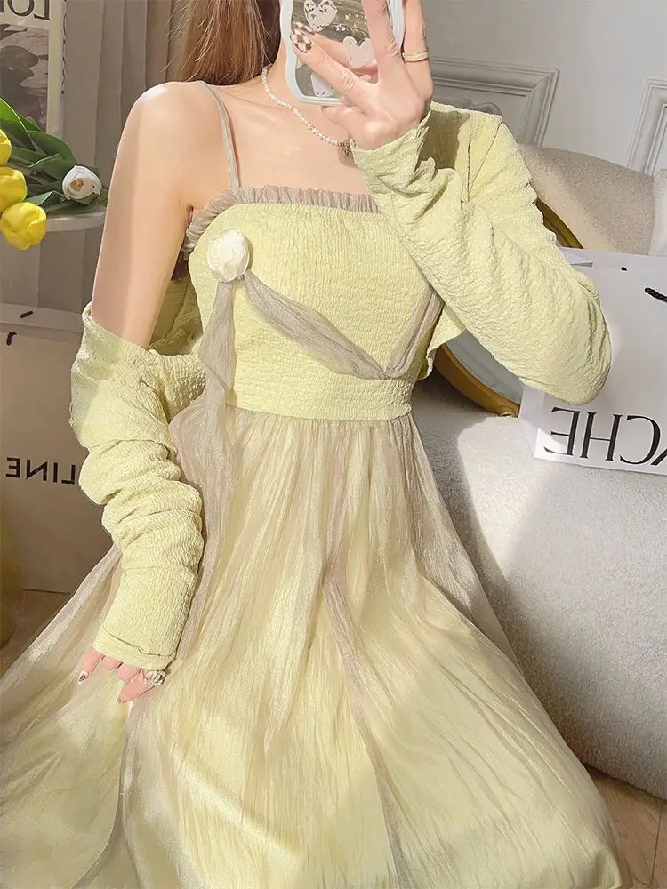 Korean Two Piece Dress Spring Summer Fairy Gentle Temperament Strapless Condole With Irregular Shawl Two-Piece Dress