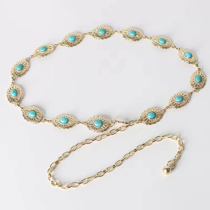 

Bohemian Style Oval Turquoise Waist Chain Retro Decoration Belts For Women Girls Fashion Versatile Dress Coat Carved Accessories