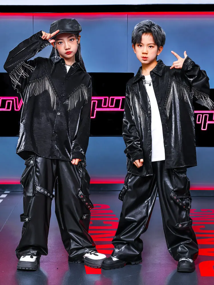 

Kid Cool Hip Hop Clothing Black Fringe Shirt Top Faux Leather Casual Strap Wide Cargo Pants for Girl Jazz Dance Costume Clothes