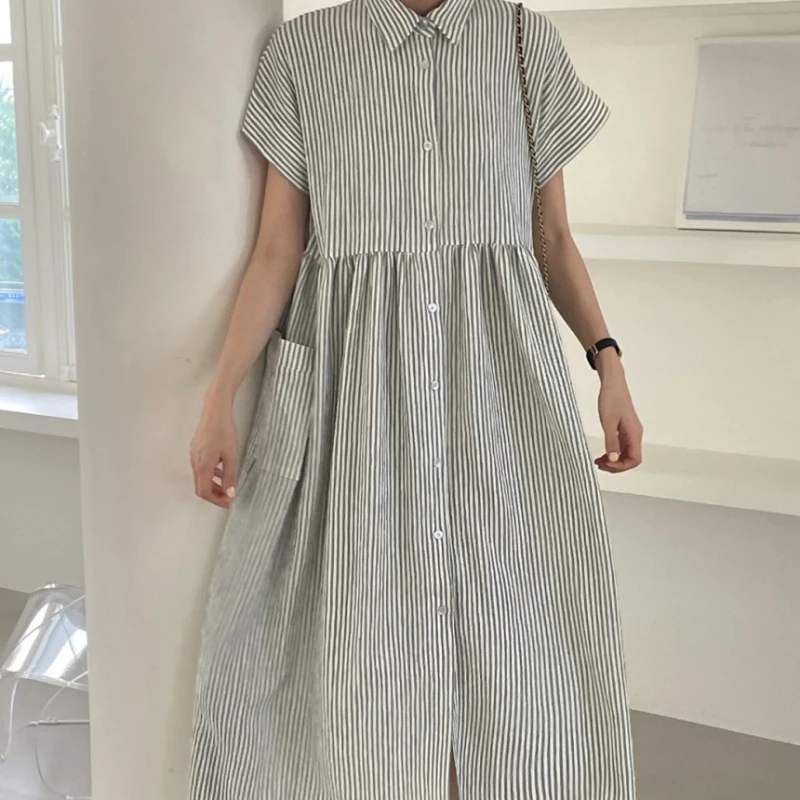 REALEFT Summer Vintage Striped Single Breasted Women\'s Shirt Dresses 2024 New Korean Casual Straight Dress Pockets Female