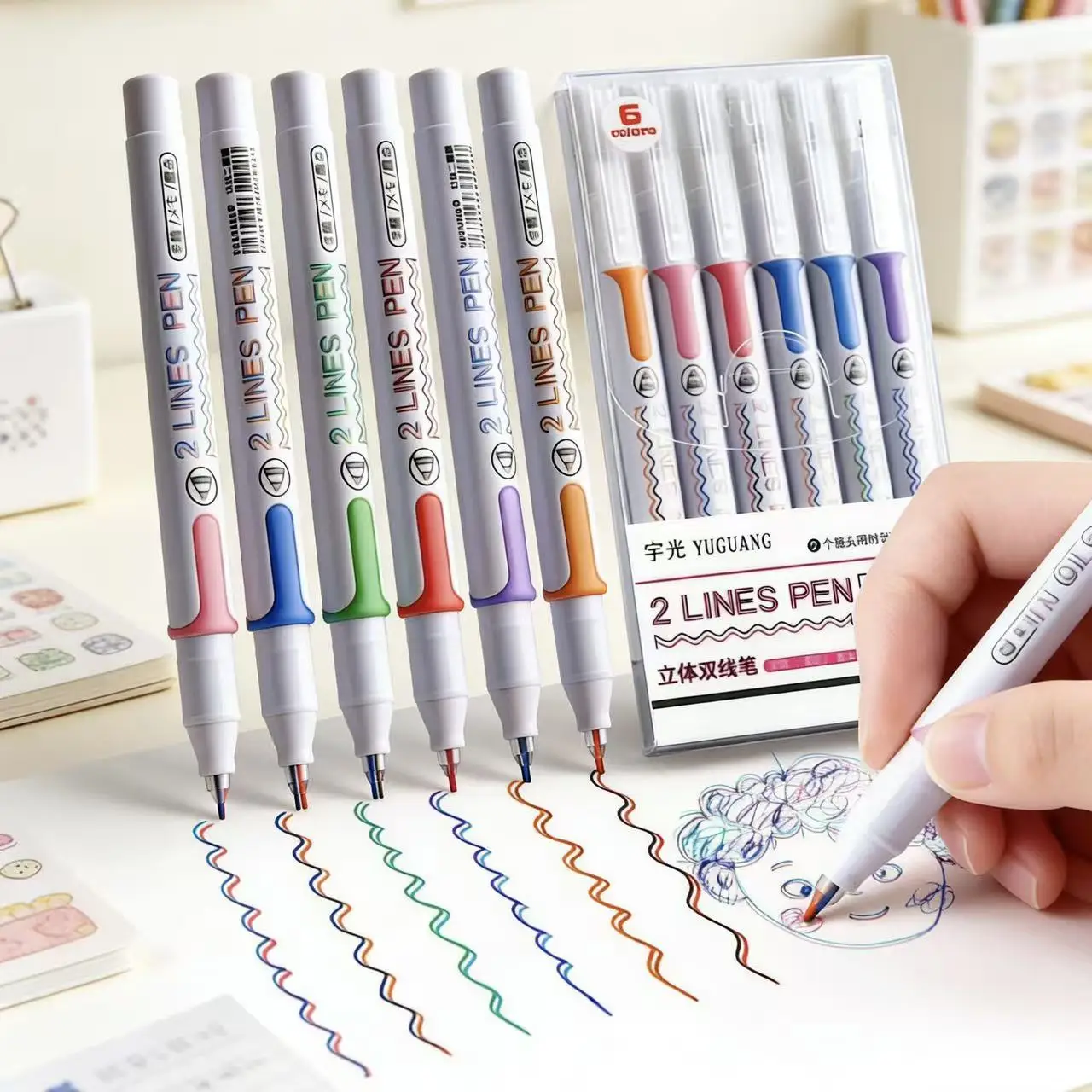 

6pcs Double color Line Stereo Effect Colorful marker Pens, Single head dual color, Kawaii Fluorescent Color Pens