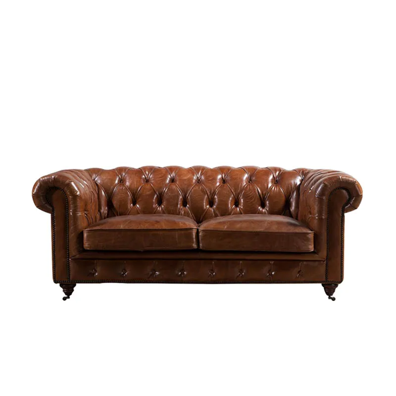 Rustic Tan Leather Chesterfield Sofa Set With Button