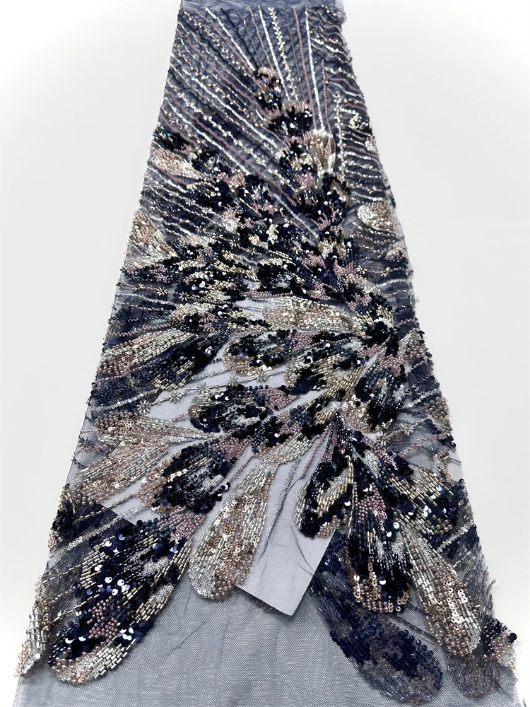 Latest African Lace Fabric, Luxury French Sequins, Mesh Lace Fabric, High-end Handmade Beaded for Wedding, 2025