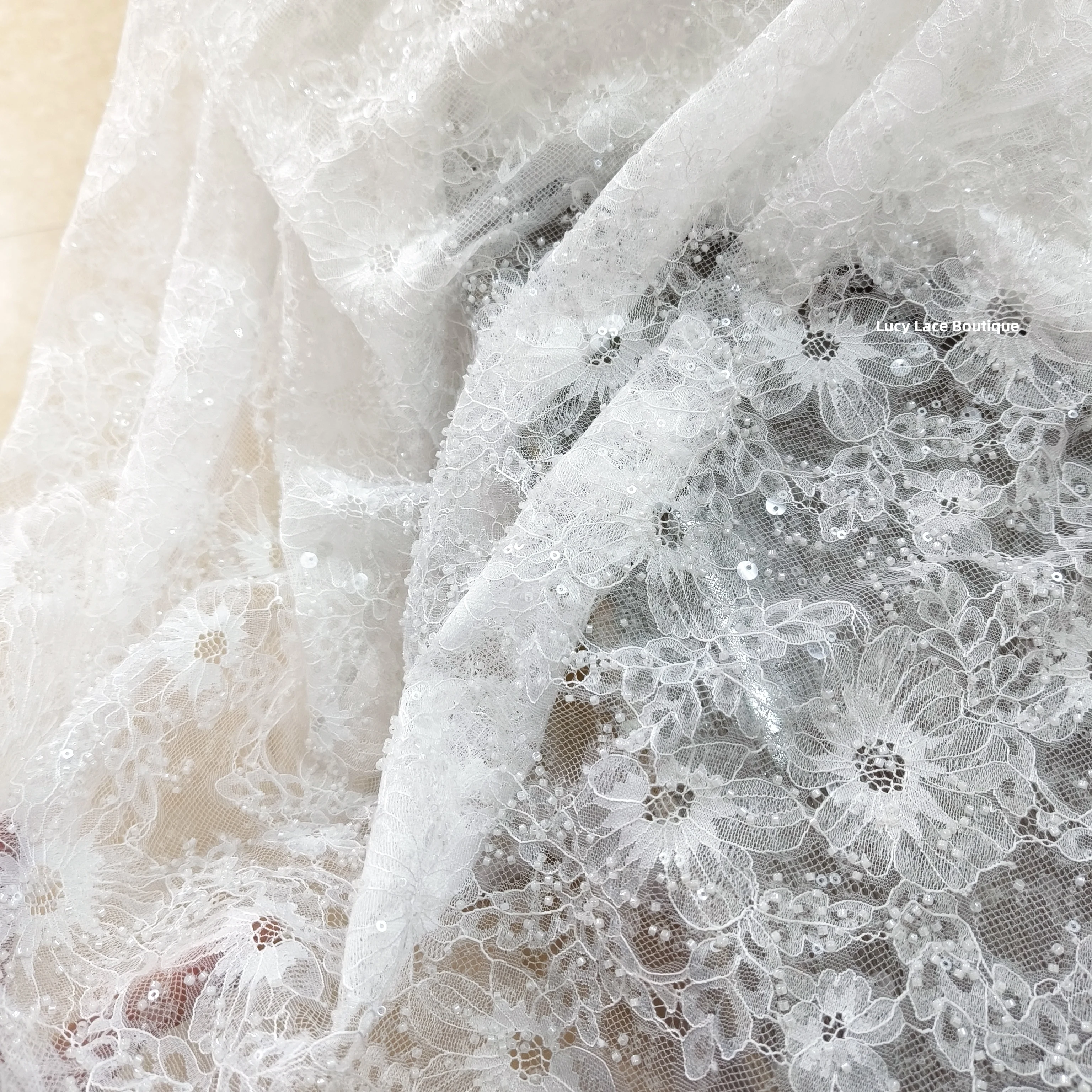 1.3M Wide Lace with Beads Off White Color Wedding Lace French Lace Beaded Wedding Gown Lace 2024 NEW Beading Lace Luxury