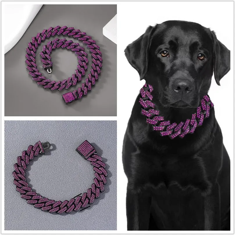 14/15mm Purple Lab Diamond Dog Cuban Chain Collar Secure Buckle Pet Necklace Jewelry Accessories For Small Medium Large Dogs Cat