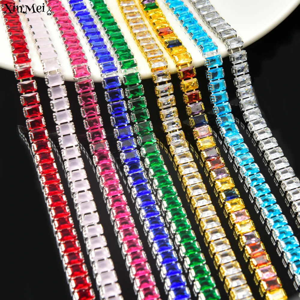 New 4*6mm Rectangle Rhinestone Zircon Cup Chain for Nail Art Sparkling Silver Gold Base Crystal Chain Trim DIY Shoes Accessories