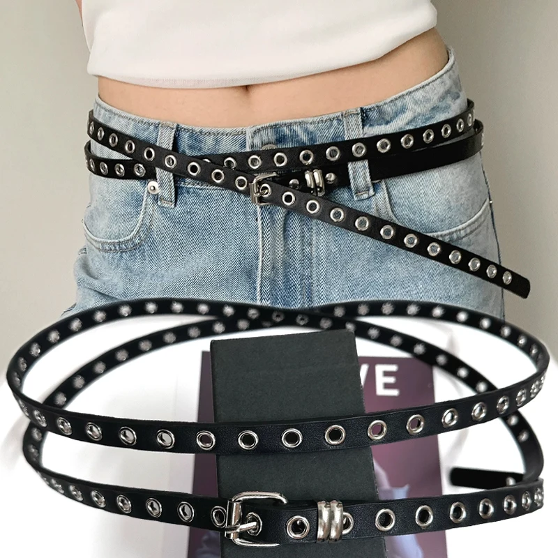 Punk Double Loop Thin Belt Retro Designed Layered Waist Chain Rivet Eyelet Buckle Belts Adjustable High Quality PU Leather Belts