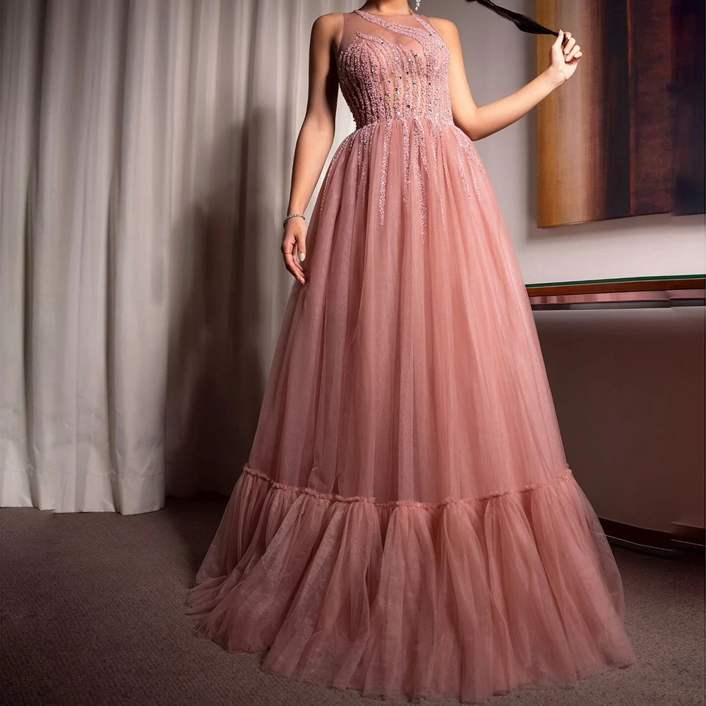 

Вечерние платья трапециевидной формы по индивидуальному заказу, длиной до пола, с круглым вырезом, без рукавов, платье для выпускного вечера, модное простое драпированное вечернее платье с блестками и бисером