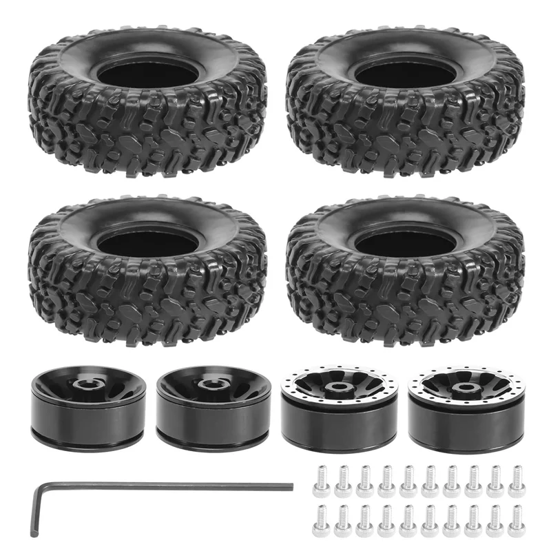 

B49B-4Pcs Metal Beadlock Wheel Hub Rim And Rubber Tire Set For WPL C14 C24 B14 B24 B36 MN D90 MN99S RC Car Upgrade Parts