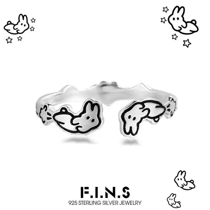 

F.I.N.S Original Rabbit S925 Sterling Silver Ring Trendy Graffiti Fun Cartoon Cute Line Bunny Open Finger Fine Jewelry Gifts