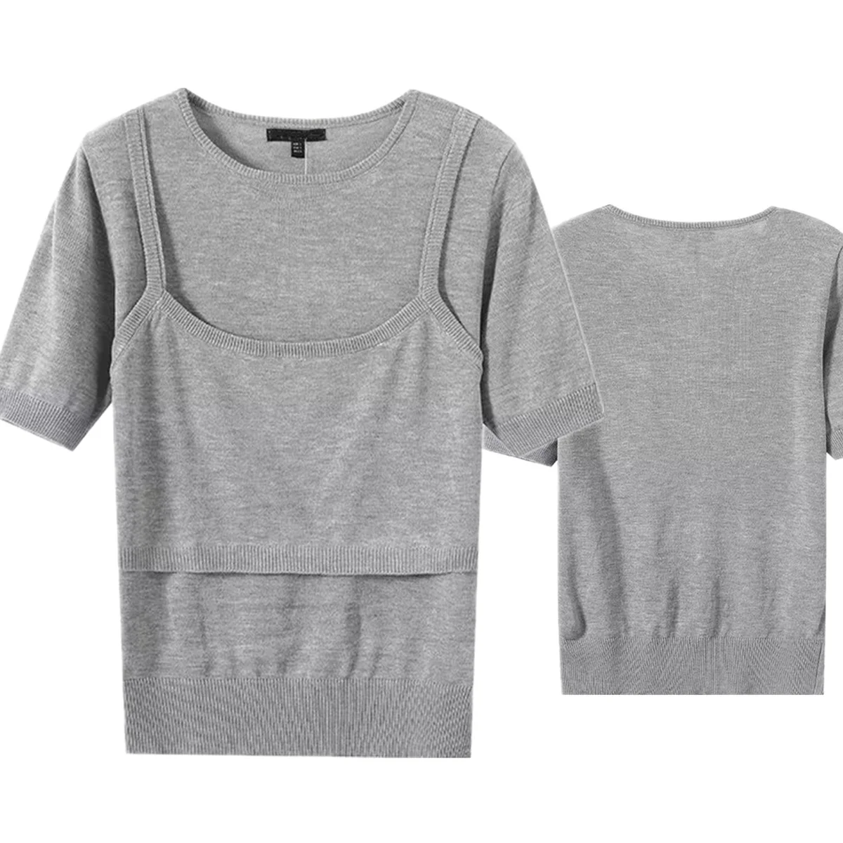 Dave&Di Vintage Women's Clothes Minimalist Academic Style Gray Fake Two-piece Knitted T-shirt Sweater Women Pullover Top