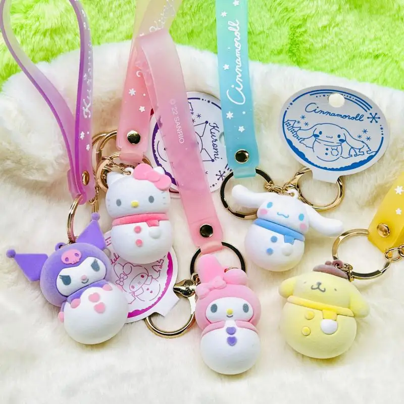 Sanrio Hello Kitty Kuromi Snowman Keychain Cinnamoroll My Melody Cartoon Pile Coating Winter Accessory Pendants Bag Decoration