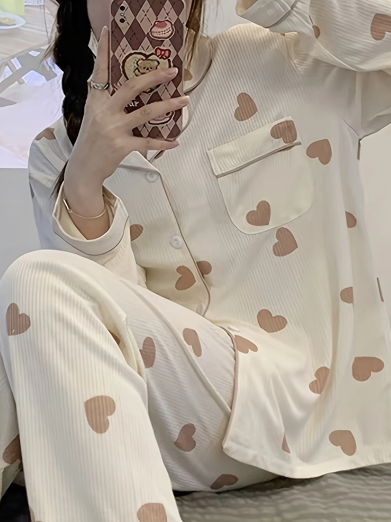 طقم بيجامة نسائية منزلية عصرية بأكمام طويلة مكون من قطعتين بنمط قلب - حلوة وجميلة، مع إحساس بالبساطة. #4