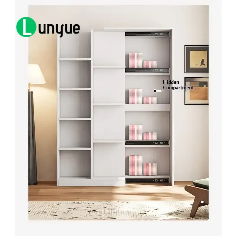 Modern Simple Solid Wood Floor to Ceiling Bookcase with Hidden Storage Compartment Integrated Space Saving Design for Small