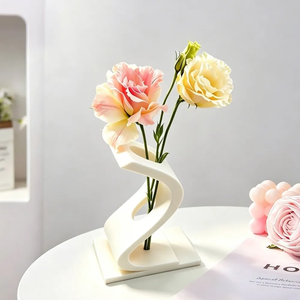 3D Printed S-shaped Twisted Vase Minimalist Hollow Out Flower Bouquet Holder Plastic Geometric Art Flower Ware Office