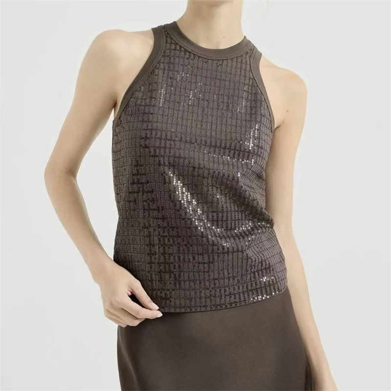High-quality summer new women's cotton sequined embroidered mesh sleeveless knitted vest Y2K fashion casual stretch slim top