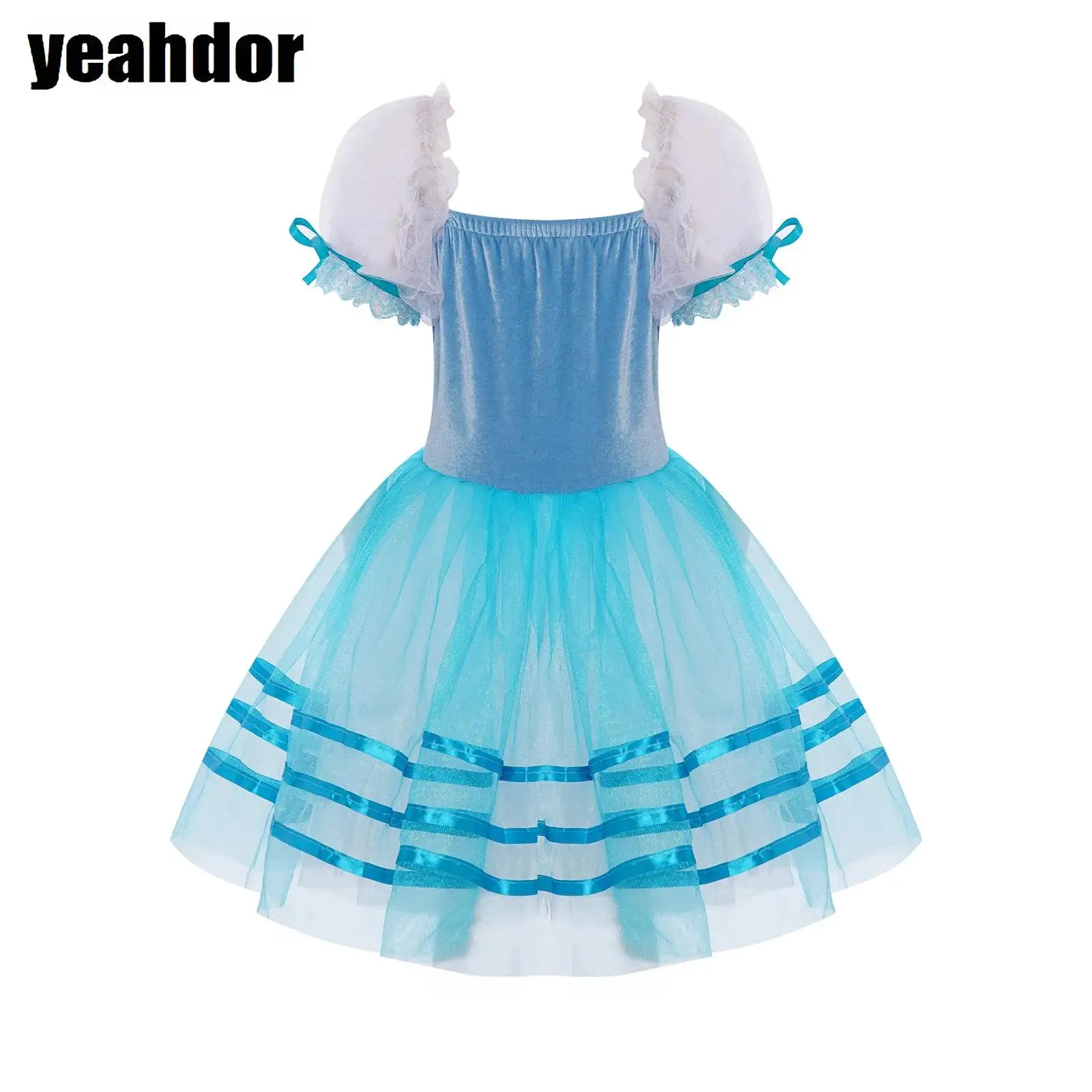 Robe Tutu de Ballet à manches bouffantes pour filles, garniture en dentelle, corps en velours, justaucorps de gymnastique, Costumes de spectacle de danse de ballerine