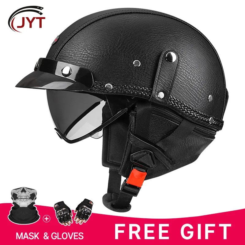 

Solid black leather vintage cruise half helmet men motorcycle helmet pedal for women summer riding bike safety helmet