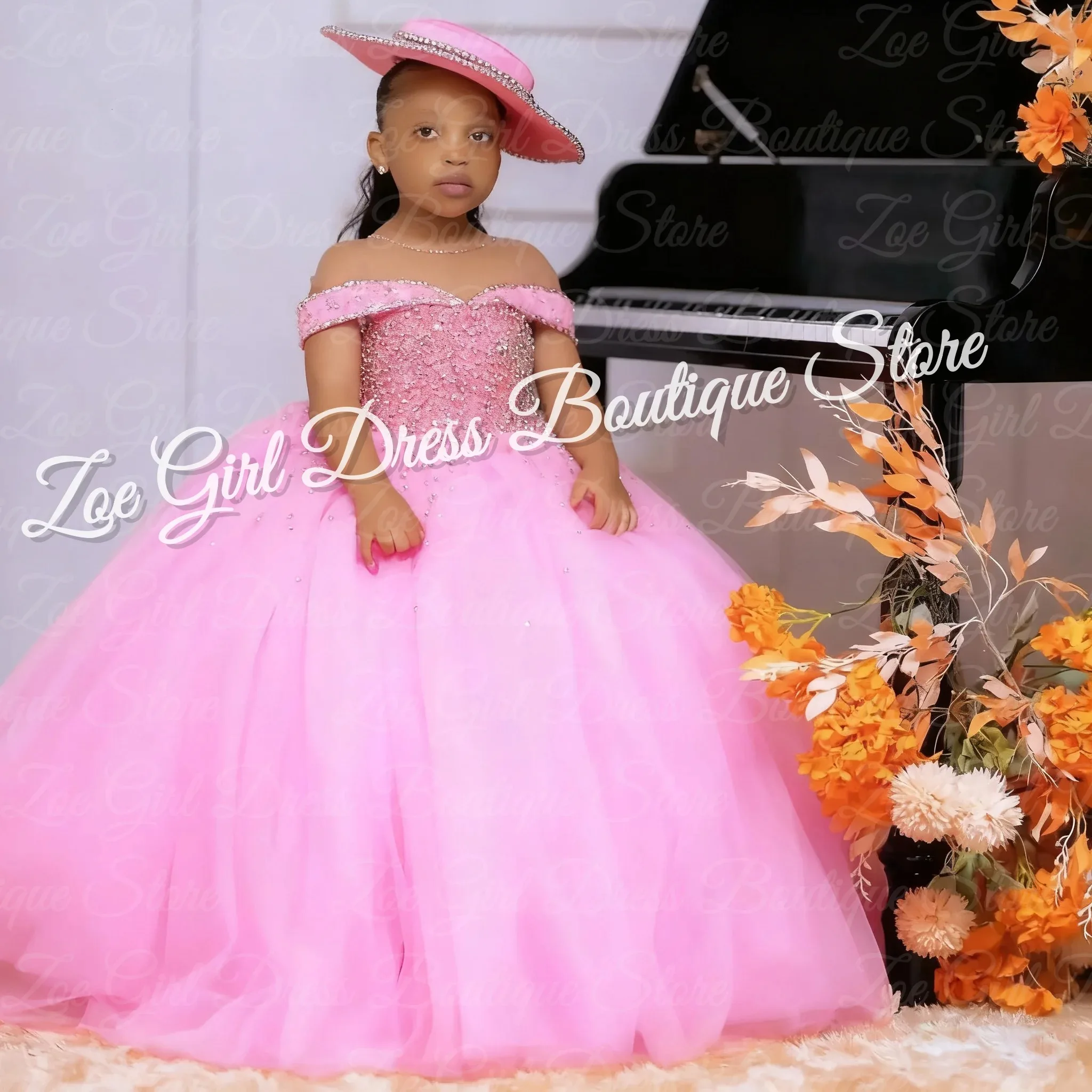 

Pink Flower Girl Dresses for Wedding Crystal Princess Ball Gowns For Photo shoot Baby Girl Birthday Ball Gowns Customized