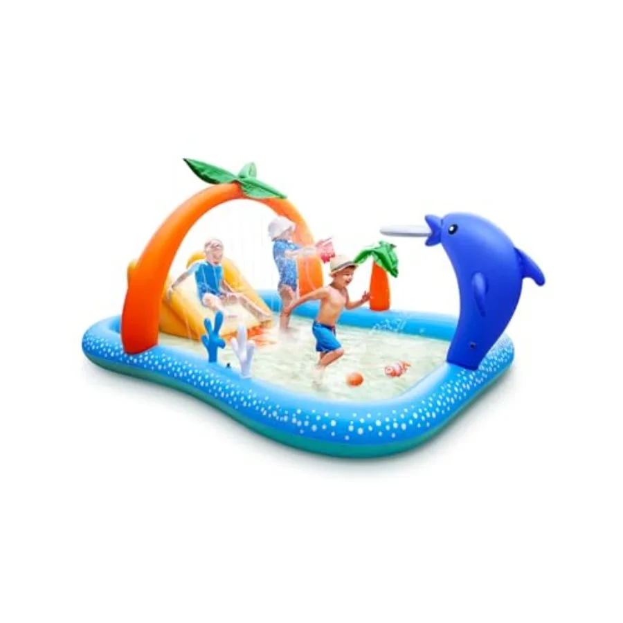 

Kiddie Pool with Slide Inflatable Play Center Wading Lounge Pool Coconut Palm Sprinkler Water Game Play Center 95''x75''x40''