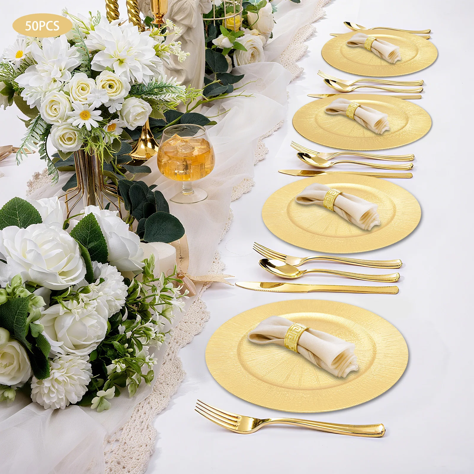 

50 Pieces Gold Charger Plates Set, 33*2cm Round Charger Plates, Reusable Serving Plates for Birthday Parties, Holidays Events