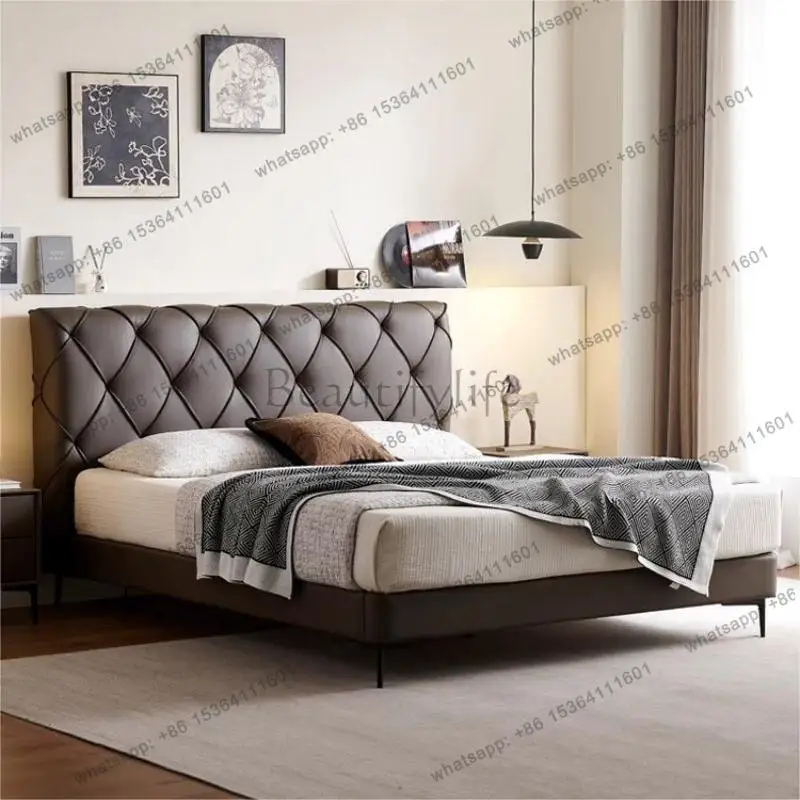 LJY flush edge pull buckle rhombus grid light luxury first layer cowhide simple modern Italian style