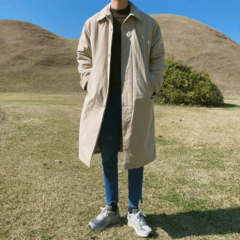 

2023 Korean Fashion Fleece Fur Lapel Collar Mid Length Cotton Padded Clothes Men's Autumn Winter Thickened Clothes Male
