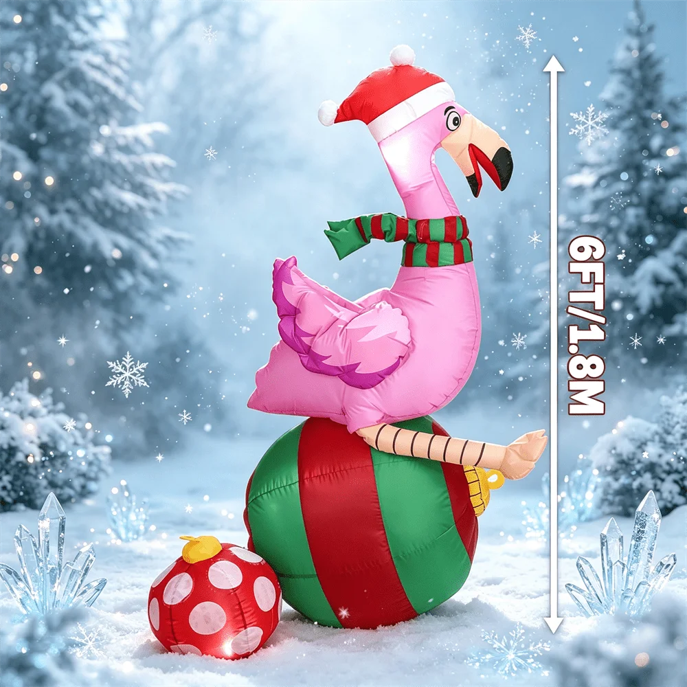 Inflatable Model Toy 6FT Pink Christmas Flamingo with Santa Hat Striped Scarf Giant Color Bauble Lighted Courtyard Ornament